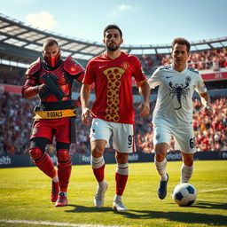 A dynamic soccer scene featuring three unique players on the field