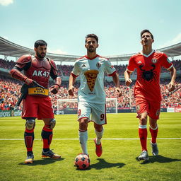 A dynamic soccer scene featuring three unique players on the field