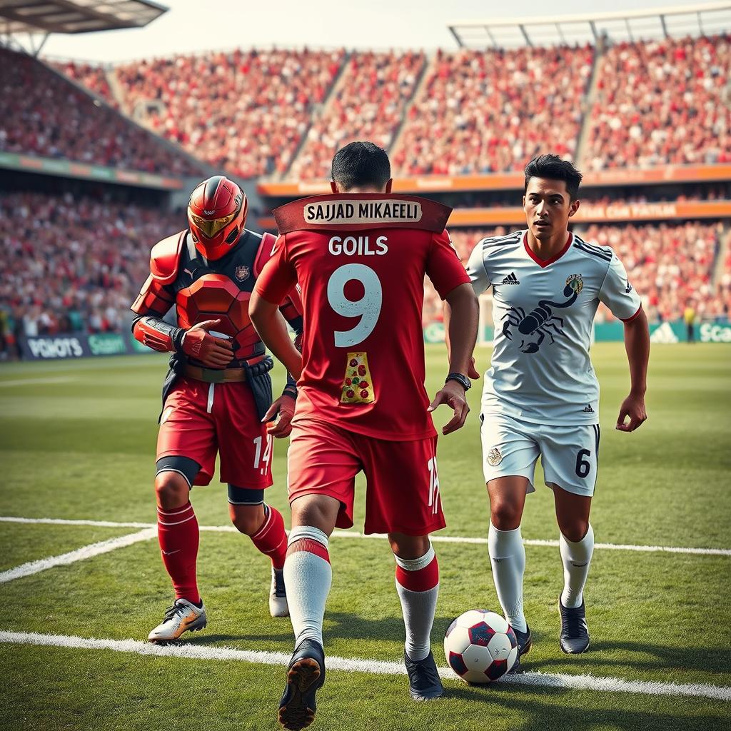 A dynamic soccer scene featuring three unique players on the field