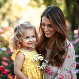 A warm and heartfelt portrait of a woman and a child, with the woman smiling gently at the child, creating a loving atmosphere