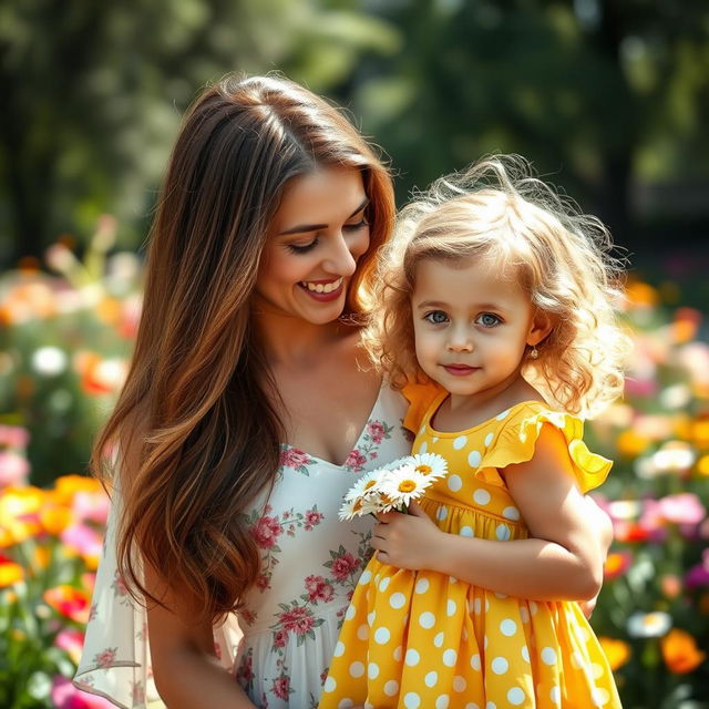 A warm and heartfelt portrait of a woman and a child, with the woman smiling gently at the child, creating a loving atmosphere