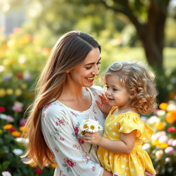 A warm and heartfelt portrait of a woman and a child, with the woman smiling gently at the child, creating a loving atmosphere