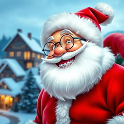 A cheerful Santa Claus with sparkling diamond teeth, displaying a broad and joyful smile