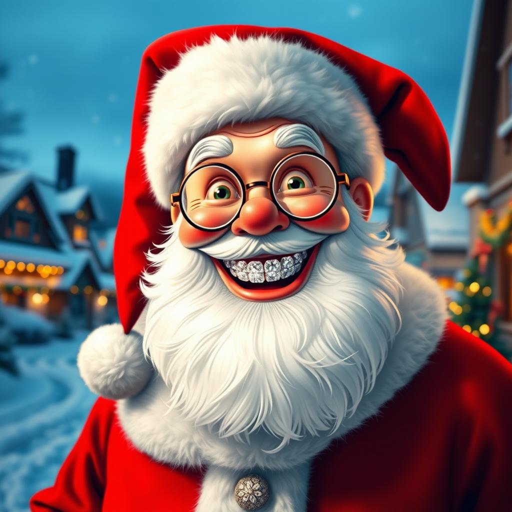 A cheerful Santa Claus with sparkling diamond teeth, displaying a broad and joyful smile