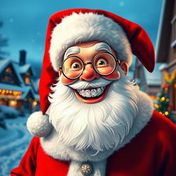 A cheerful Santa Claus with sparkling diamond teeth, displaying a broad and joyful smile