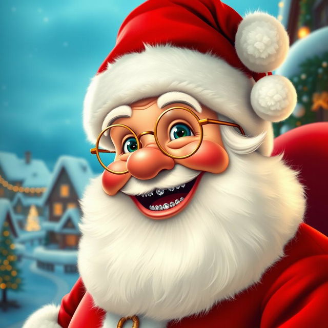 A cheerful Santa Claus with sparkling diamond teeth, displaying a broad and joyful smile