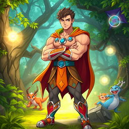 A digitally illustrated character standing confidently in a heroic pose, showcasing muscular physique and a vibrant costume with intricate designs