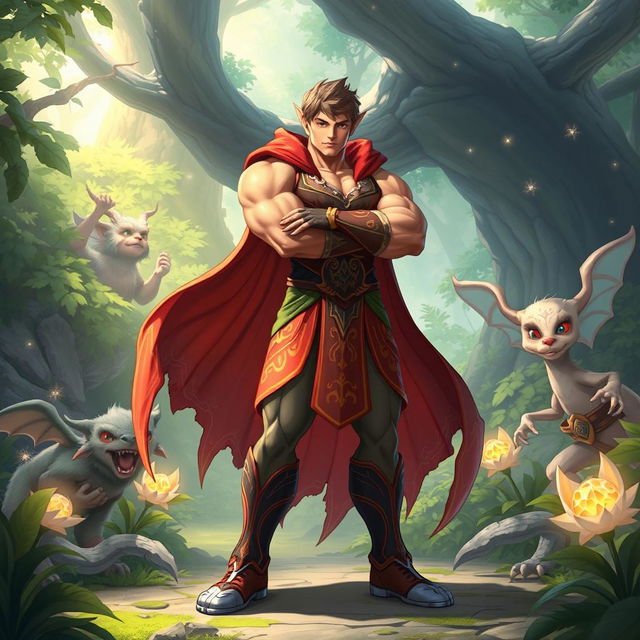 A digitally illustrated character standing confidently in a heroic pose, showcasing muscular physique and a vibrant costume with intricate designs