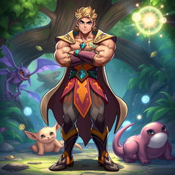 A digitally illustrated character standing confidently in a heroic pose, showcasing muscular physique and a vibrant costume with intricate designs