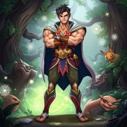 A digitally illustrated character standing confidently in a heroic pose, showcasing muscular physique and a vibrant costume with intricate designs