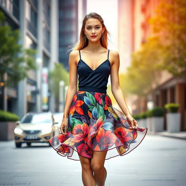 A stunningly beautiful woman wearing a stylish, fashionable skirt that showcases contemporary trends