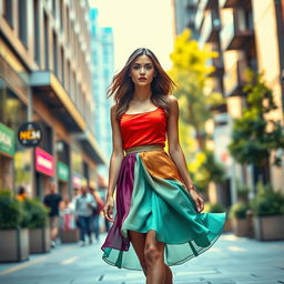 A stunningly beautiful woman wearing a stylish, fashionable skirt that showcases contemporary trends