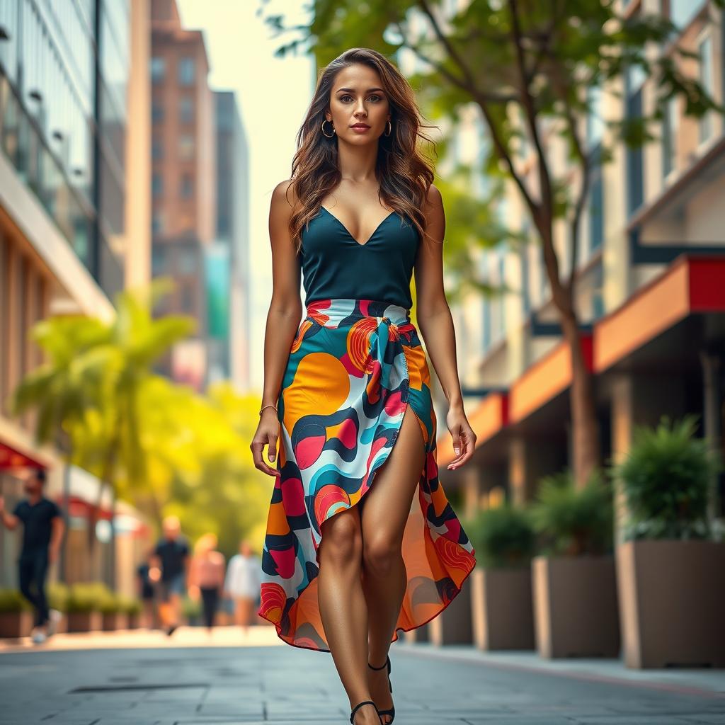 A stunningly beautiful woman wearing a stylish, fashionable skirt that showcases contemporary trends