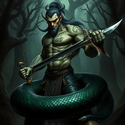 A formidable Yuan Ti abomination character showcasing a human upper body merging into a large, muscular snake body