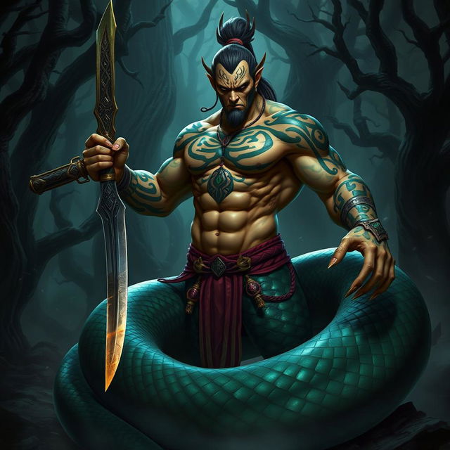 A formidable Yuan Ti abomination character showcasing a human upper body merging into a large, muscular snake body