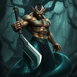 A formidable Yuan Ti abomination character showcasing a human upper body merging into a large, muscular snake body