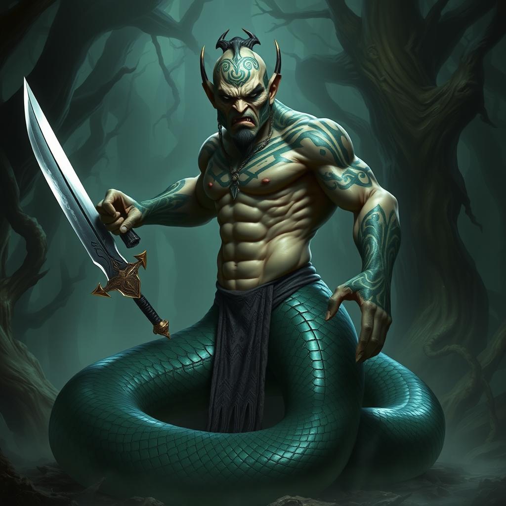 A formidable Yuan Ti abomination character showcasing a human upper body merging into a large, muscular snake body