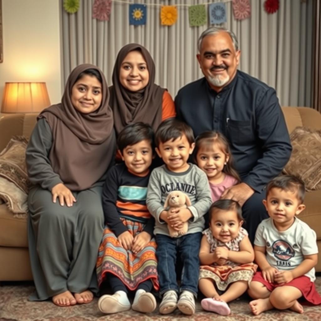 A warm family portrait featuring a Muslim mother named Mohadese, who is 41 years old, and her husband Agha, who is 45 years old