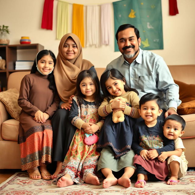 A warm family portrait featuring a Muslim mother named Mohadese, who is 41 years old, and her husband Agha, who is 45 years old