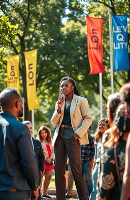 A strong and thoughtful person standing confidently in a diverse gathering of individuals from different backgrounds, engaging in a discussion about equality