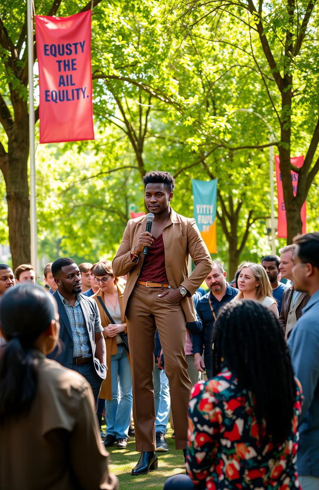 A strong and thoughtful person standing confidently in a diverse gathering of individuals from different backgrounds, engaging in a discussion about equality