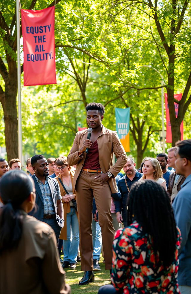 A strong and thoughtful person standing confidently in a diverse gathering of individuals from different backgrounds, engaging in a discussion about equality