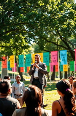 A strong and thoughtful person standing confidently in a diverse gathering of individuals from different backgrounds, engaging in a discussion about equality