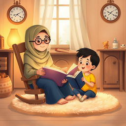 A cozy scene featuring a Muslim grandma wearing glasses, sitting on a rocking chair while holding a large storybook