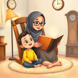 A cozy scene featuring a Muslim grandma wearing glasses, sitting on a rocking chair while holding a large storybook