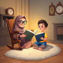 A cozy scene featuring a Muslim grandma wearing glasses, sitting on a rocking chair while holding a large storybook