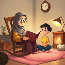 A cozy scene featuring a Muslim grandma wearing glasses, sitting on a rocking chair while holding a large storybook