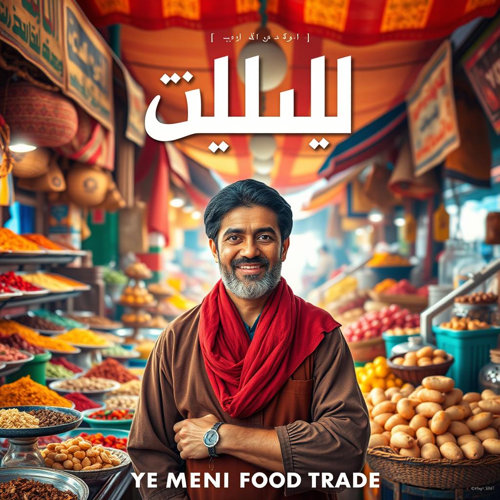 A movie poster titled 'النيوش' set against a vibrant backdrop of the Yemeni food trade