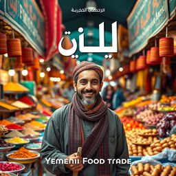 A movie poster titled 'النيوش' set against a vibrant backdrop of the Yemeni food trade