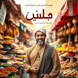 A movie poster titled 'النيوش' set against a vibrant backdrop of the Yemeni food trade