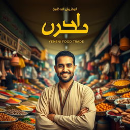 A movie poster titled 'النيوش' set against a vibrant backdrop of the Yemeni food trade