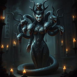 A dark and mesmerizing portrayal of a female Yuan Ti spellcaster, featuring a human upper body with striking features, transitioning into a sinuous snake lower body
