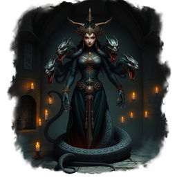 A dark and mesmerizing portrayal of a female Yuan Ti spellcaster, featuring a human upper body with striking features, transitioning into a sinuous snake lower body