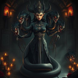 A dark and mesmerizing portrayal of a female Yuan Ti spellcaster, featuring a human upper body with striking features, transitioning into a sinuous snake lower body
