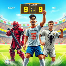 A dynamic soccer scene featuring three unique players