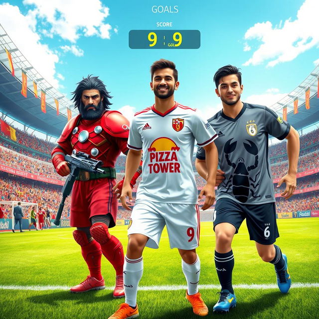 A dynamic soccer scene featuring three unique players