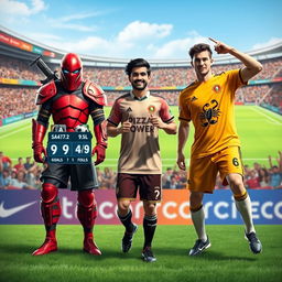 A dynamic soccer scene featuring three unique players