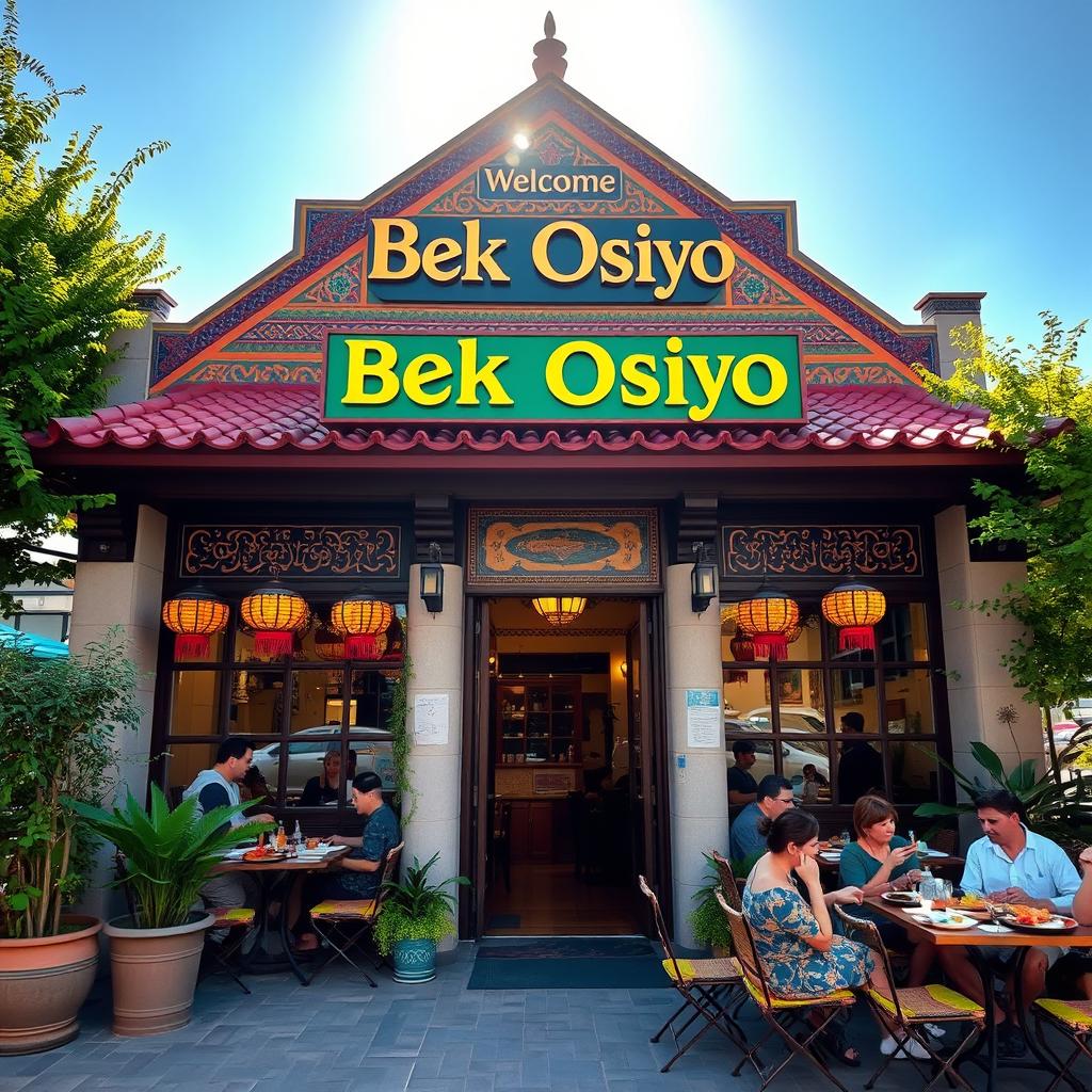 A beautiful exterior view of Bek Osiyo restaurant, featuring traditional Uzbek architecture with intricate tile work and a welcoming entrance, lush greenery around, and inviting outdoor seating
