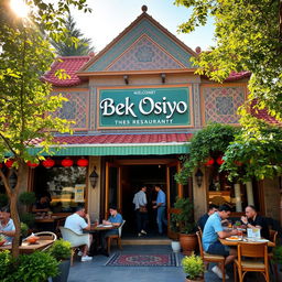 A beautiful exterior view of Bek Osiyo restaurant, featuring traditional Uzbek architecture with intricate tile work and a welcoming entrance, lush greenery around, and inviting outdoor seating