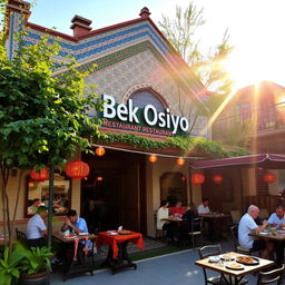 A beautiful exterior view of Bek Osiyo restaurant, featuring traditional Uzbek architecture with intricate tile work and a welcoming entrance, lush greenery around, and inviting outdoor seating