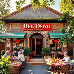 A beautiful exterior view of Bek Osiyo restaurant, featuring traditional Uzbek architecture with intricate tile work and a welcoming entrance, lush greenery around, and inviting outdoor seating