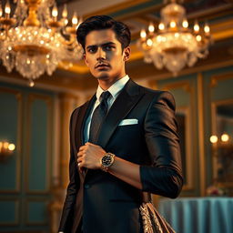 An elegant and stylish scene featuring a sophisticated individual dressed in a tailored suit or an extravagant gown, showcasing intricate details and textures in the fabric