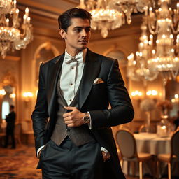 An elegant and stylish scene featuring a sophisticated individual dressed in a tailored suit or an extravagant gown, showcasing intricate details and textures in the fabric
