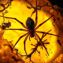A highly detailed close-up image of a prehistoric spider fossil trapped in amber, surrounded by the intricate textures of the amber gum