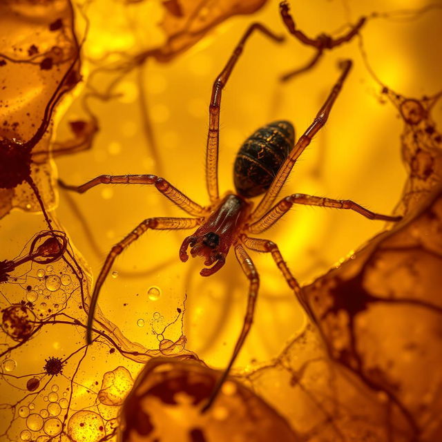 A highly detailed close-up image of a prehistoric spider fossil trapped in amber, surrounded by the intricate textures of the amber gum