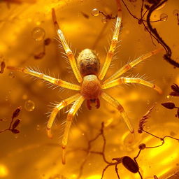 A highly detailed close-up image of a prehistoric spider fossil trapped in amber, surrounded by the intricate textures of the amber gum